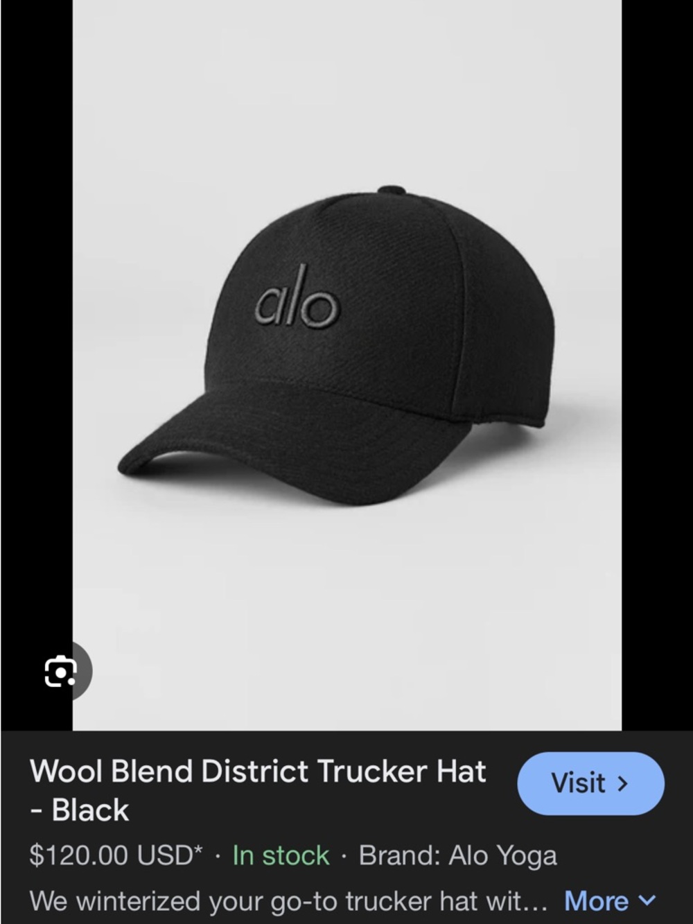 ALO Yoga Black Wool Blend District Trucker Hat
